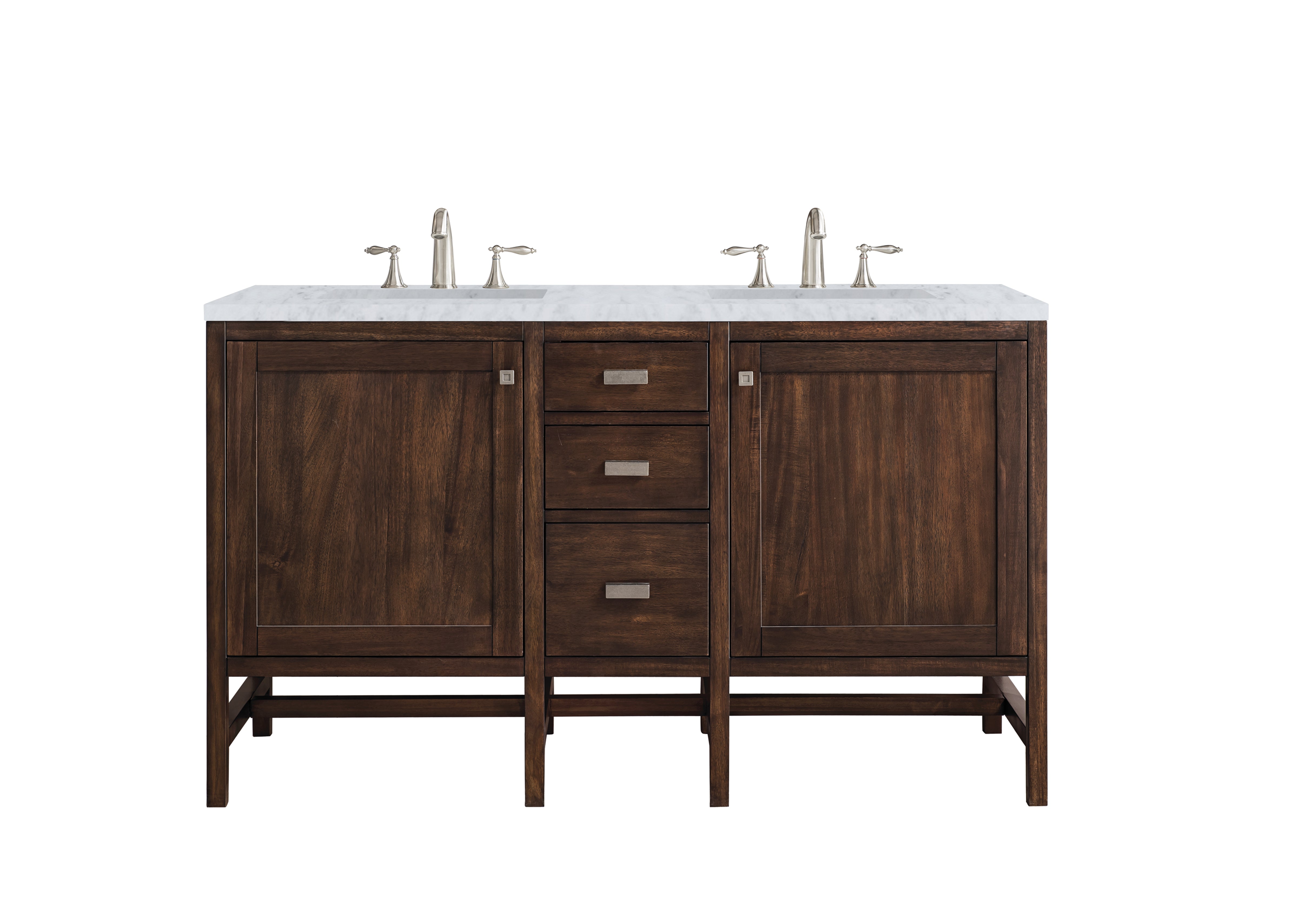 Addison 60 Inch Double Vanity Cabinet with Carrara White Top - Mid Century Modern Acacia Wood Bathroom Vanity for Master Bath & Guest Bathroom
