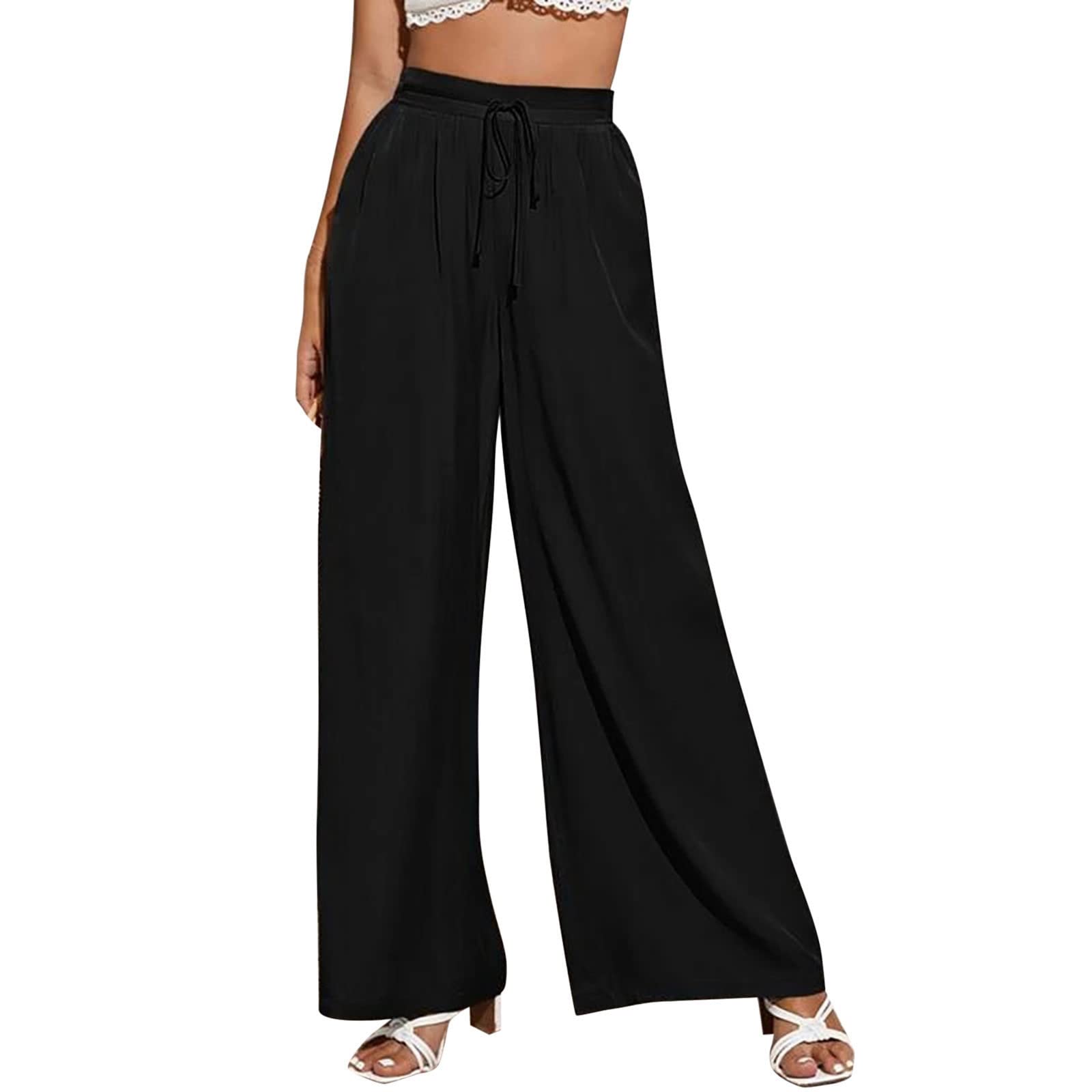 Women's Wide Leg Palazzo Pants - Solid Color Casual Drawstring Elastic Waist Loose Trousers for Beach, Vacation & Everyday Wear