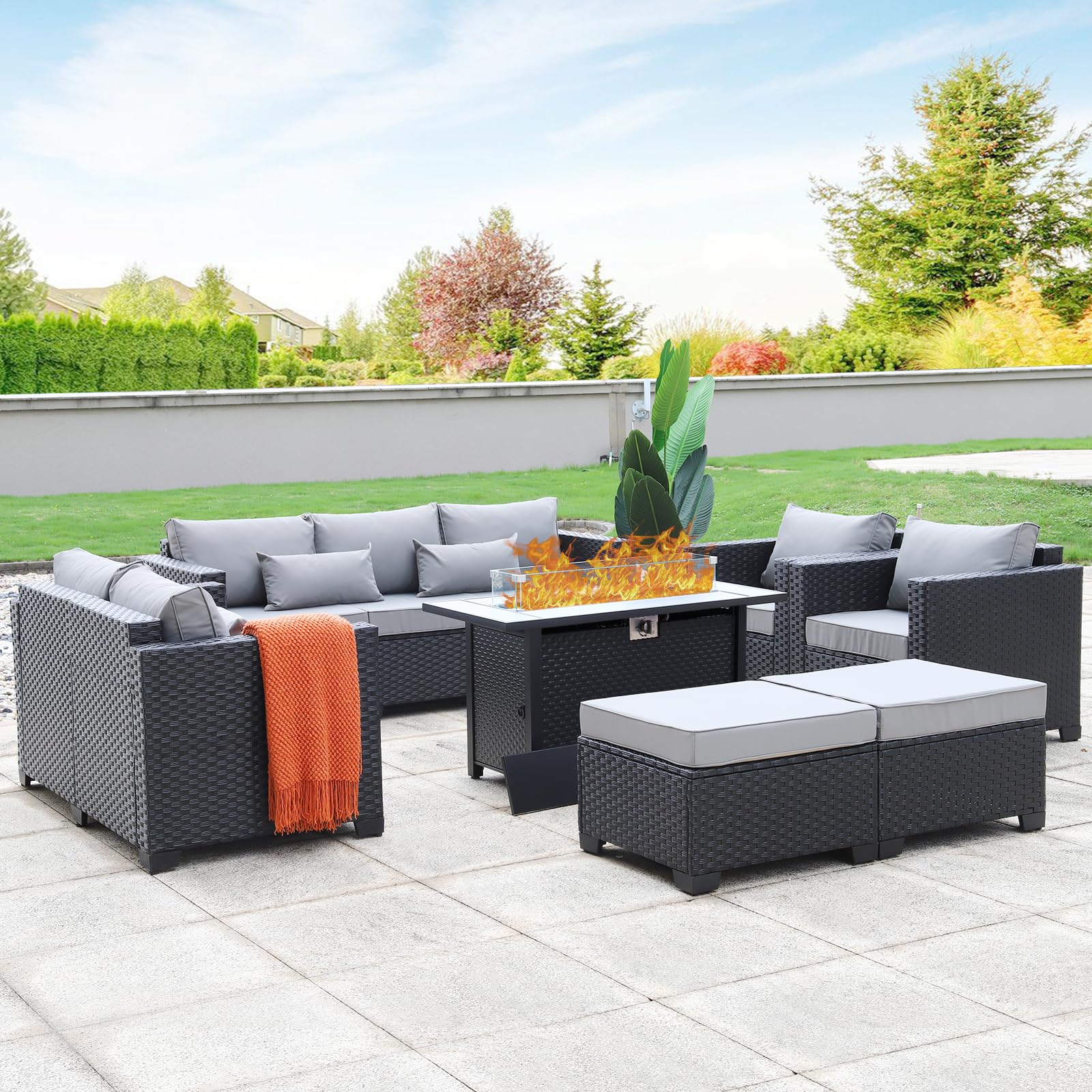 Rattaner 7-Piece Outdoor Patio Furniture Set with 45-Inch 60,000 BTU Propane Fire Pit Table, No-Slip Cushions & Waterproof Covers - Light Grey - Perfect for Backyard, Garden, Poolside & Outdoor Entertaining