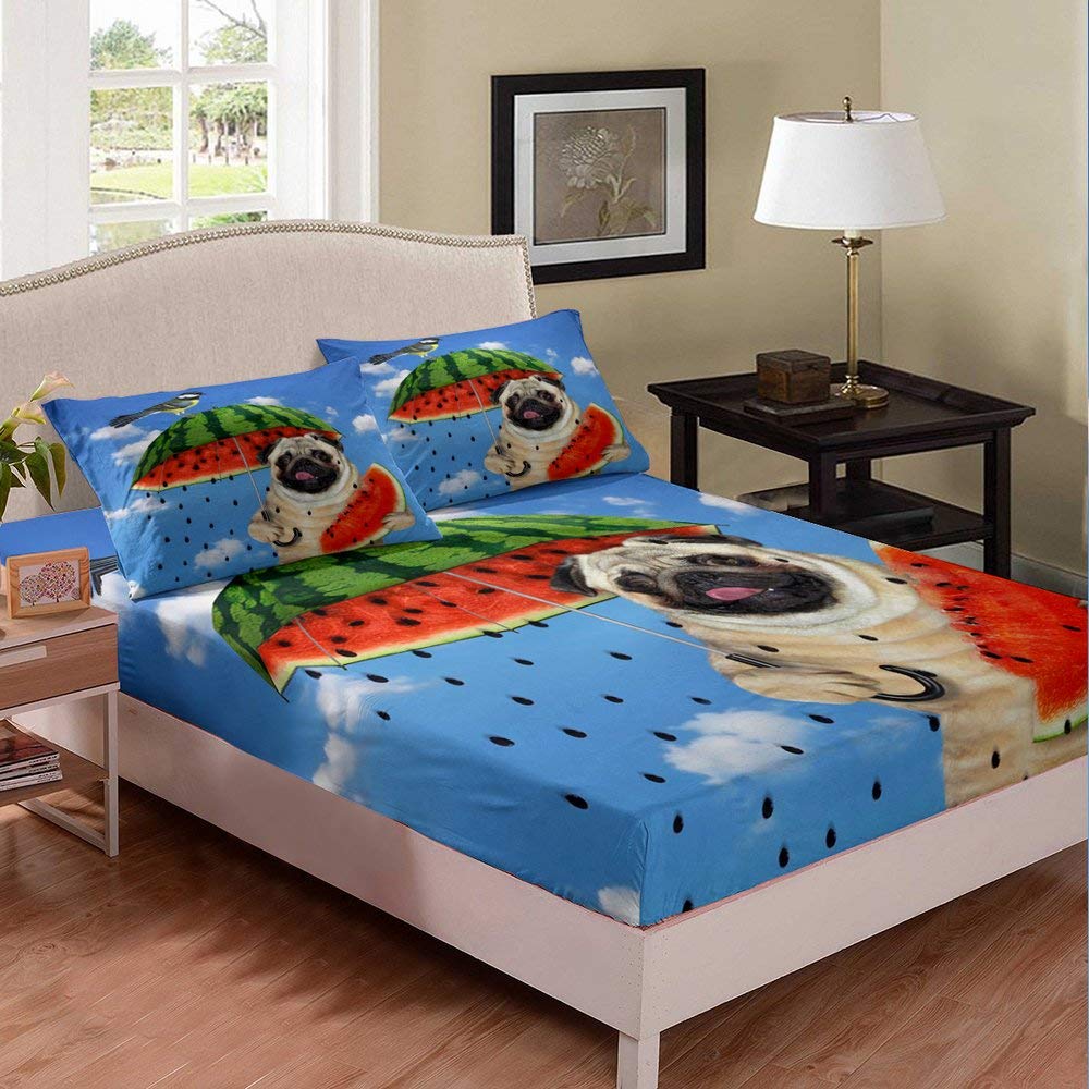 Bohemian Chic Twin Bedding Set - White Cloud & Pug Dog Watermelon Print Microfiber Sheets (2-Piece Fitted Deep Pocket) | Soft Bedclothes for Girls Room, Dorm Decor & Hippie-Themed Bedroom
