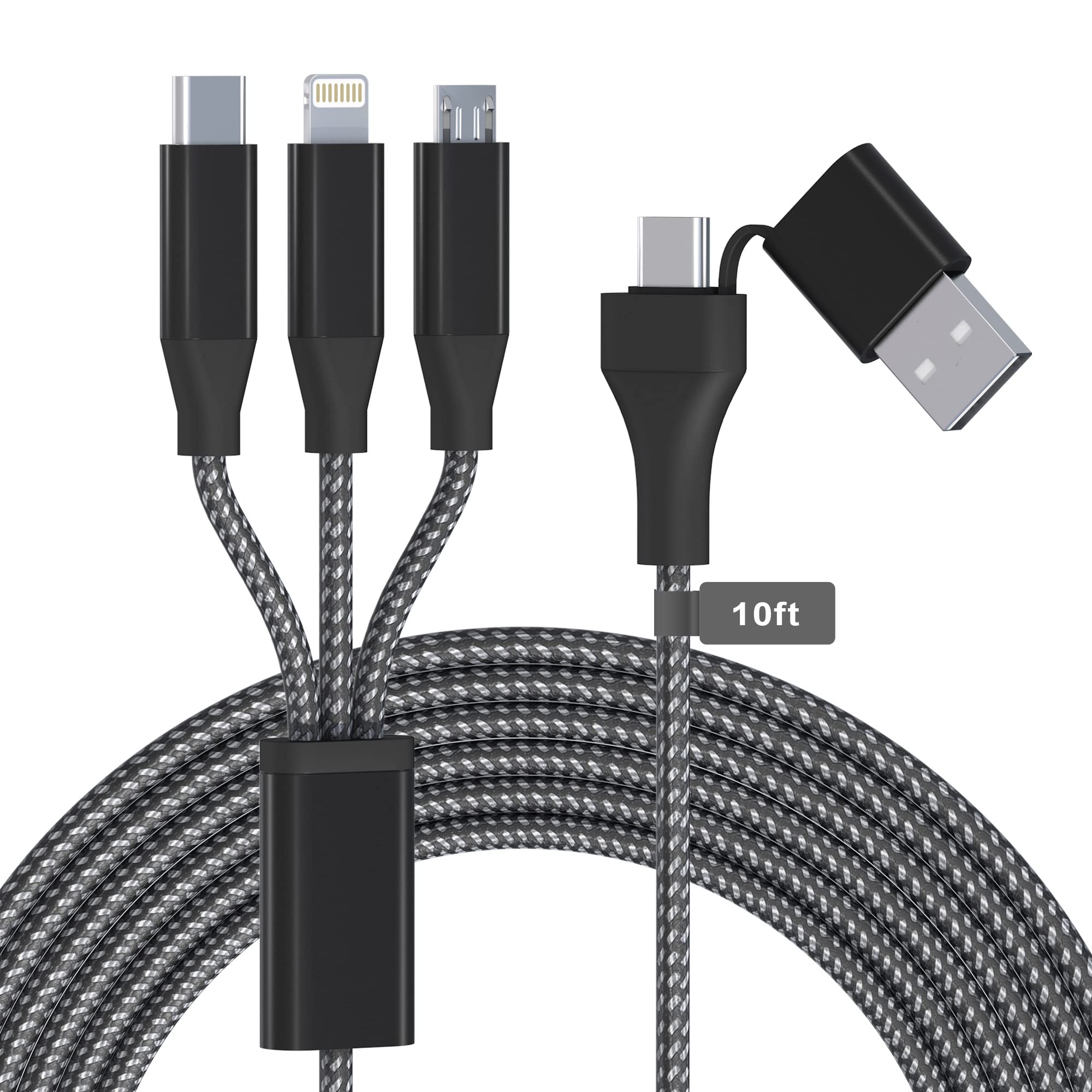 5-in-1 USB C to Multi Charging Cable 3M/10Ft - MFi Certified Fast Charger with Lightning/Type C/Micro USB Connectors - Compatible with iPhone 15/14/13, Samsung Galaxy S23/S22, Huawei, LG - Perfect for Home, Office, Car & Travel Charging Needs