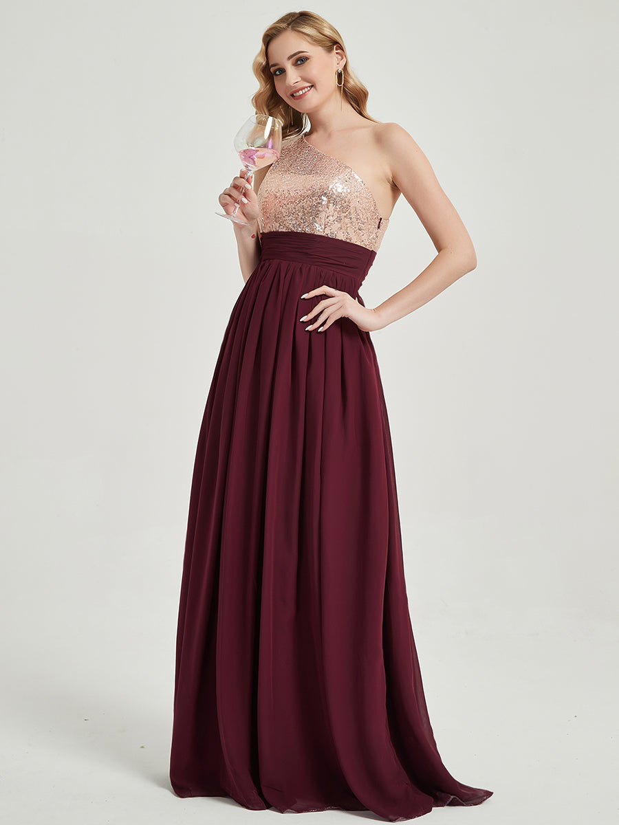 Elegant Cabernet One Shoulder Sleeveless Chiffon Sequin Maxi Dress for Bridesmaids | Formal Evening Gown for Weddings, Prom & Special Occasions