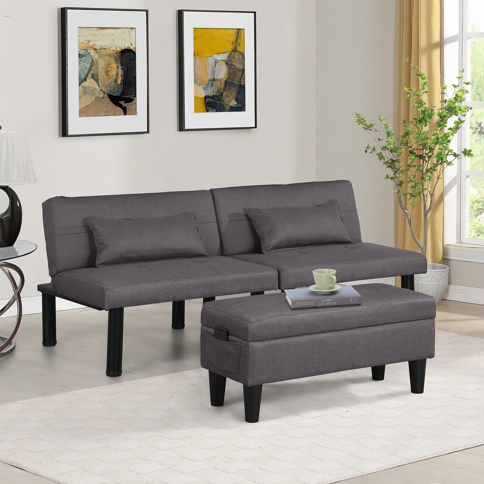 Convertible Futon Sofa Bed with Storage Ottoman & Lumbar Pillows - 3-in-1 Sleeper Sofa, Recliner & Loveseat for Small Spaces - Perfect for Living Rooms, Apartments & Guest Rooms (Includes Coffee Table & Metal Legs)