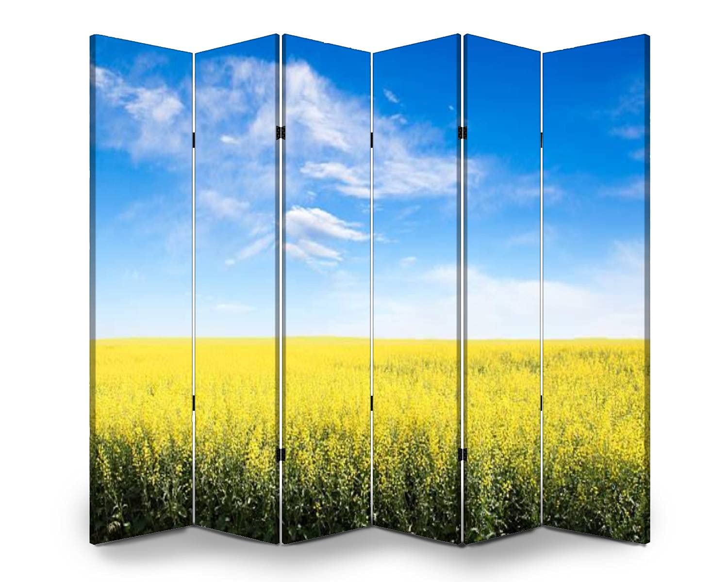 6-Panel Folding Room Divider Screen - Yellow Field & Blue Cloudy Sky Design - Freestanding Privacy Partition for Indoor/Outdoor Use - Perfect for Home Office, Studio, or Event Space Separation