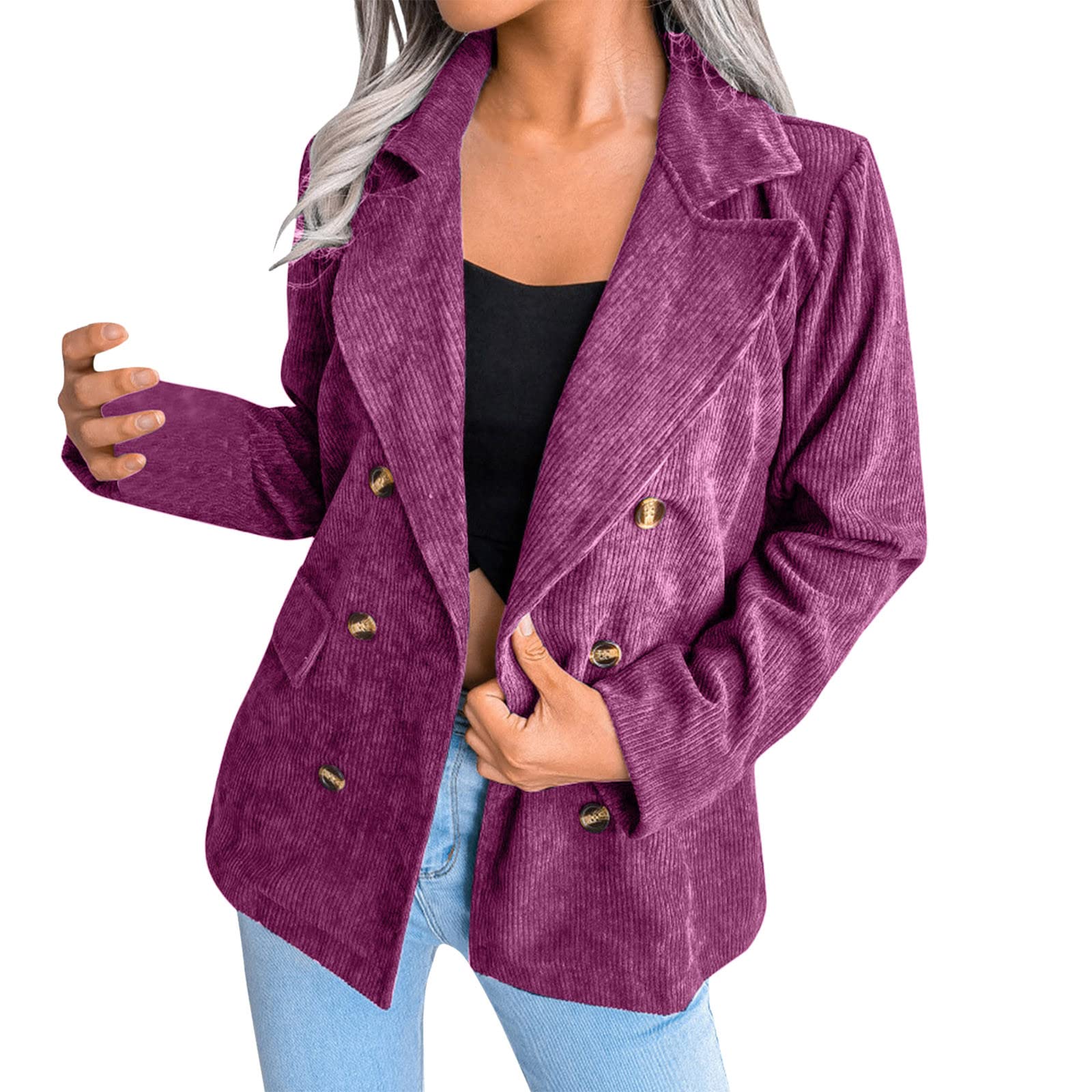 Plus Size Women's Double Breasted Corduroy Blazer Jacket - Long Sleeve Heat Reflective Coat for Work, Office & Formal Occasions
