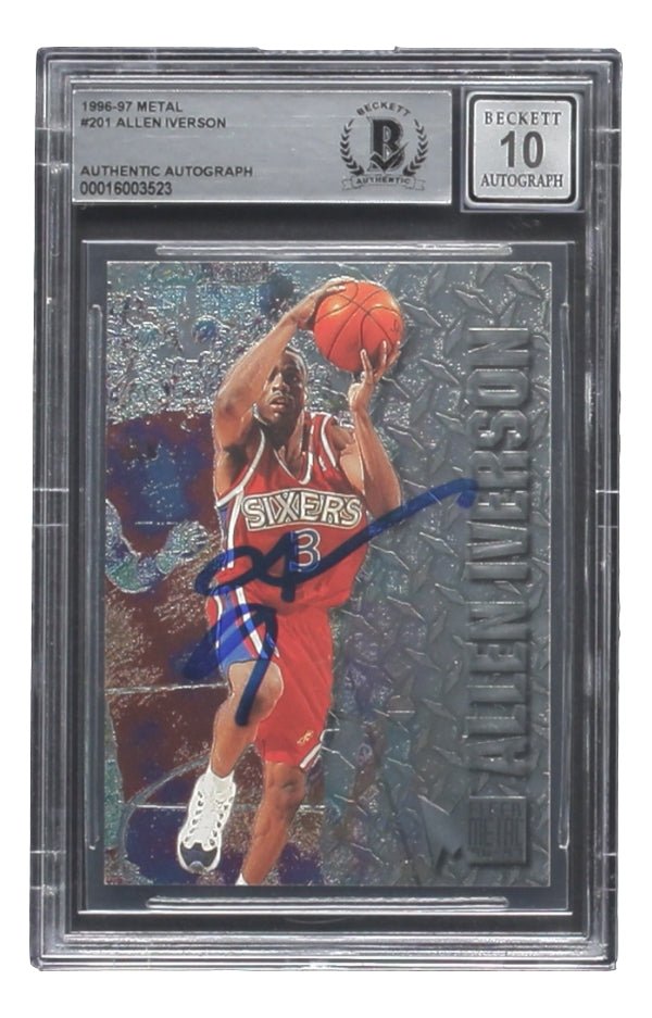Allen Iverson Autographed 1996 Metal #201 Philadelphia 76ers Rookie Card BAS Auto PSA 10 - Perfect for NBA Memorabilia Collectors & 76ers Fans Display
