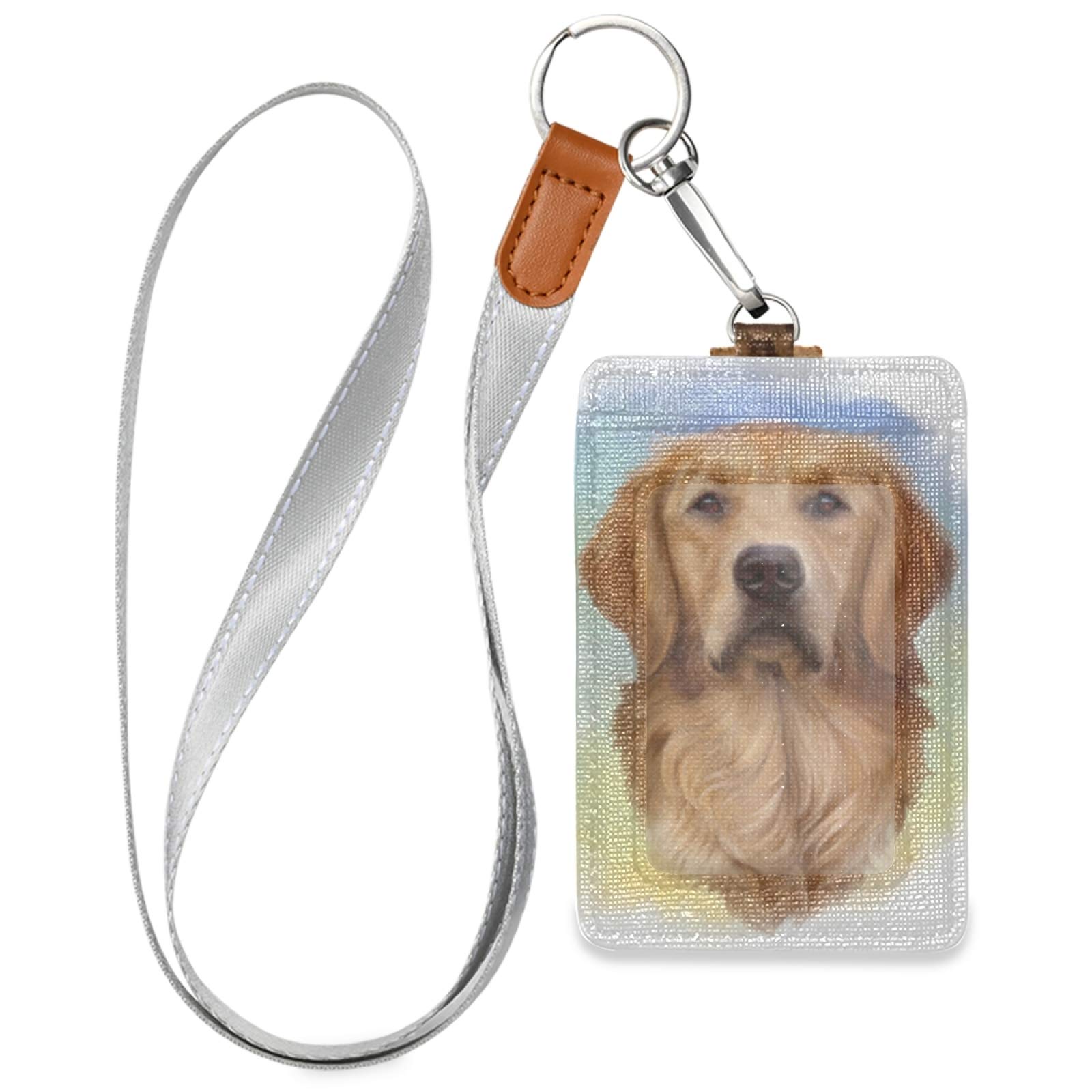 Golden Retriever ID Badge Holder with Lanyard - Vertical Leather Name Tag for Office & School Staff