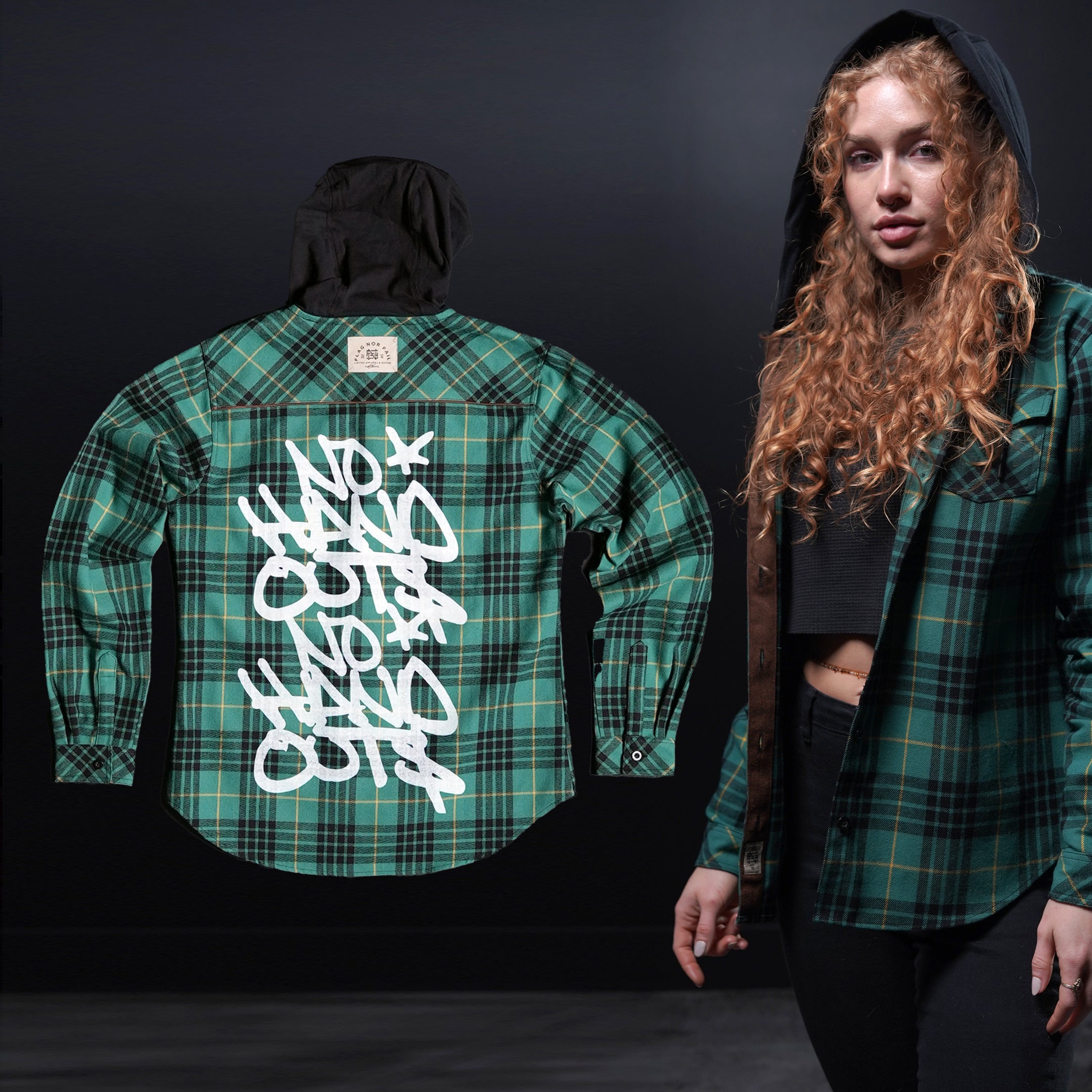 Women's Hooded No Handouts X Forever Flannel Shirt - Green Plaid Cozy Long Sleeve Shirt for Fall & Winter | Casual Outfit, Layering, Outdoor Activities