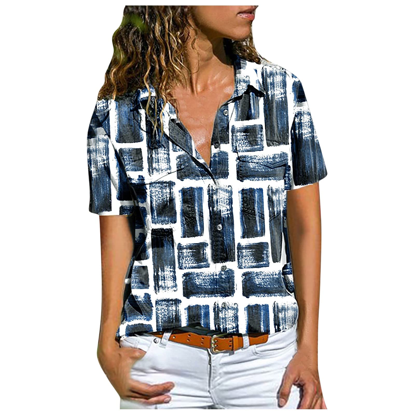 Women's Casual Short Sleeve Button Down Blouse - Patchwork Collar Tops for Work, Office & Everyday Wear | Comfortable & Stylish Summer Shirt