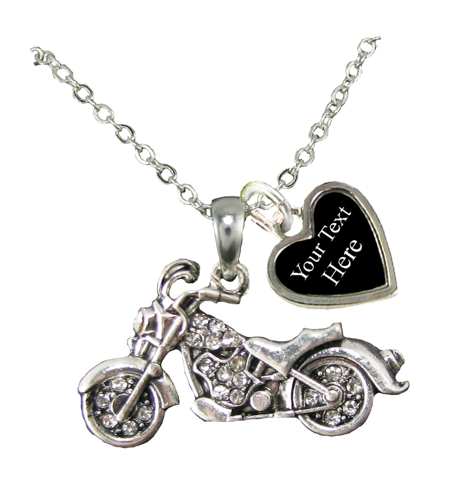Motorcycle Silver Chain Necklace with Crystals for Bikers