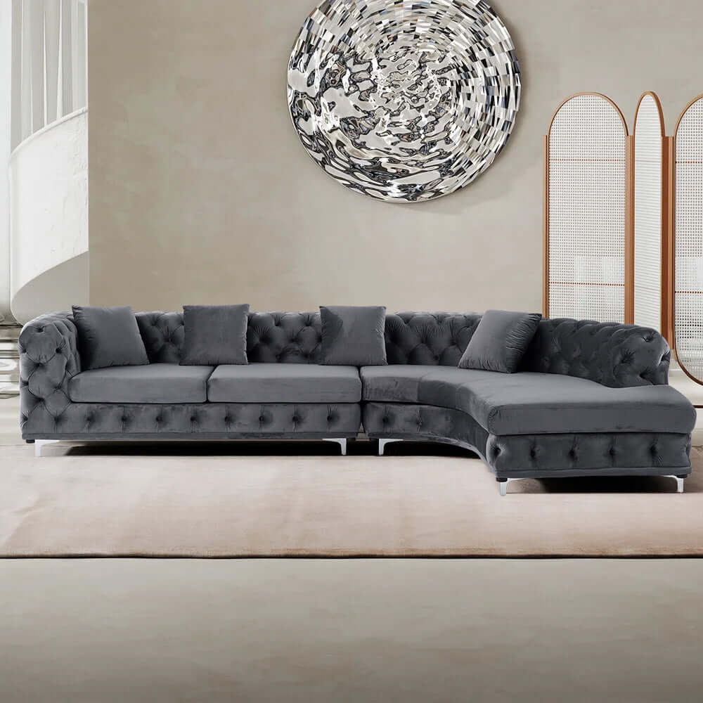 L-Shaped Curved Gray Velvet Sectional Sofa - Modern Chesterfield Style Living Room Couch for Small Spaces & Apartments | Perfect for Lounge, TV Room & Home Theater