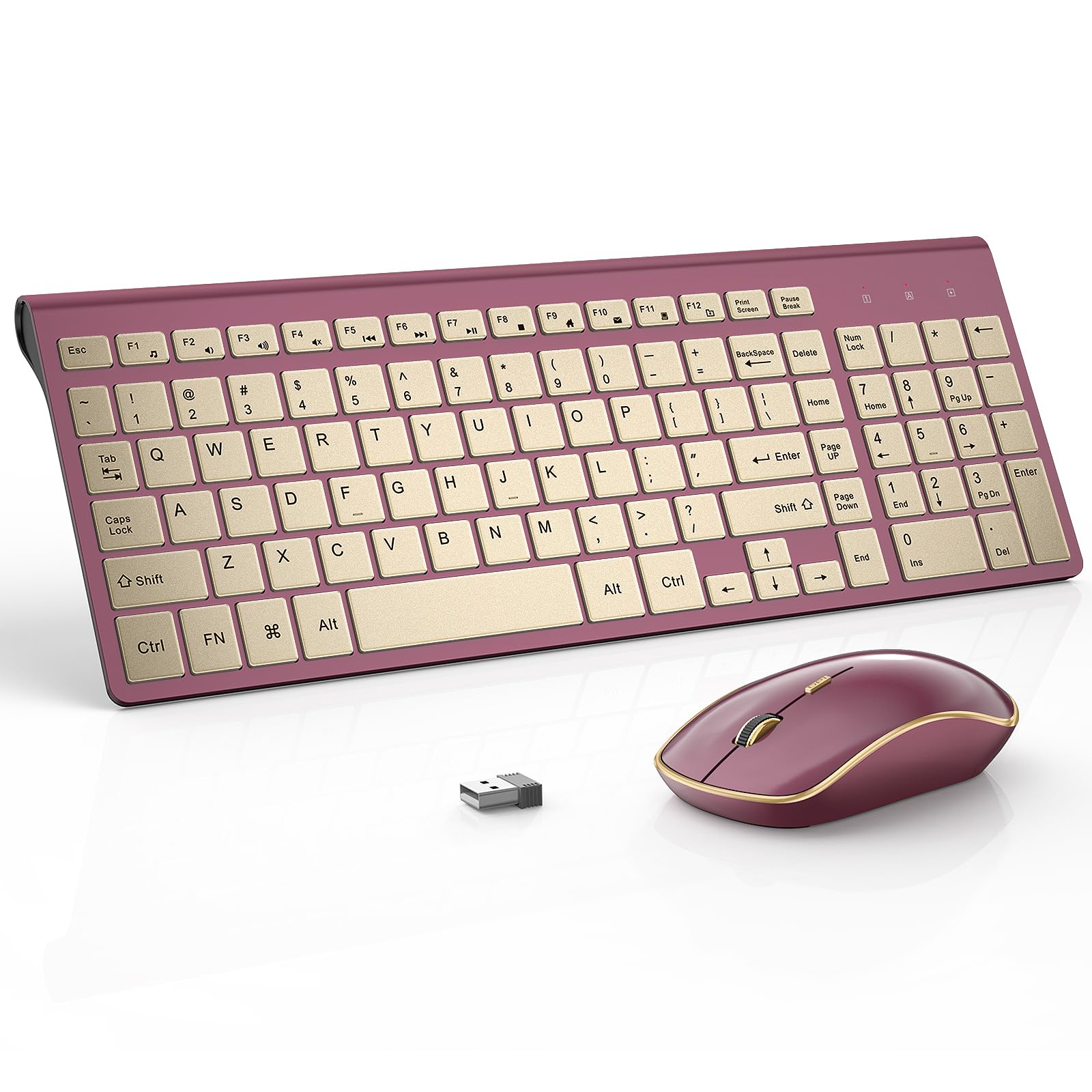 JOYACCESS 2.4G Wireless Keyboard and Mouse Combo - Slim Ergonomic Full-Size Portable Design for Laptop PC Windows Mac - Wine Red & Gold - Perfect for Home Office Gaming and Remote Work
