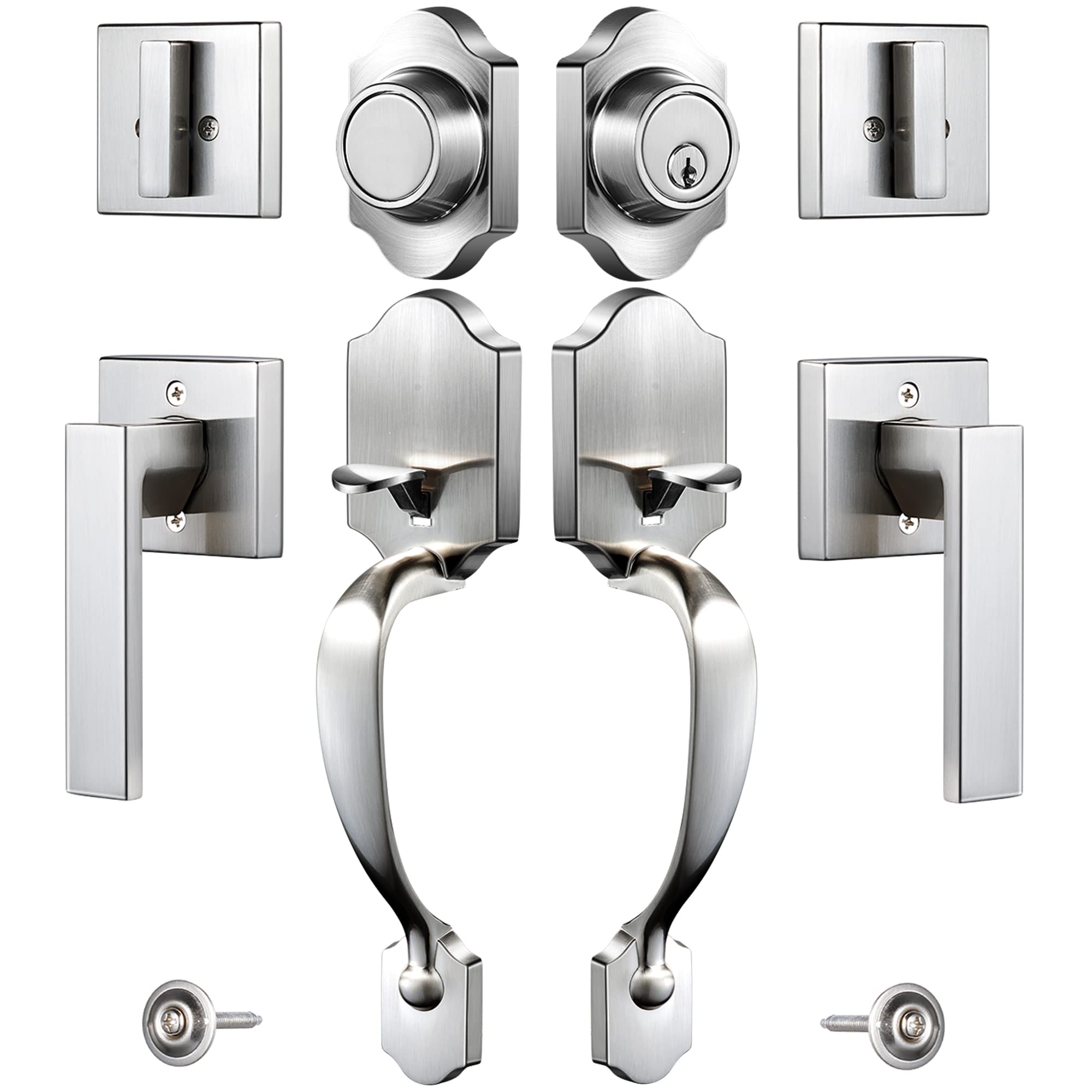 Premium Double Front Door Handle Set - Heavy Duty Zinc Alloy Entry Handleset with Deadbolt Lock & Keyed Entry (Brushed Nickel) for Home Security | Front Door Lever Set for Houses, Apartments & Office Buildings