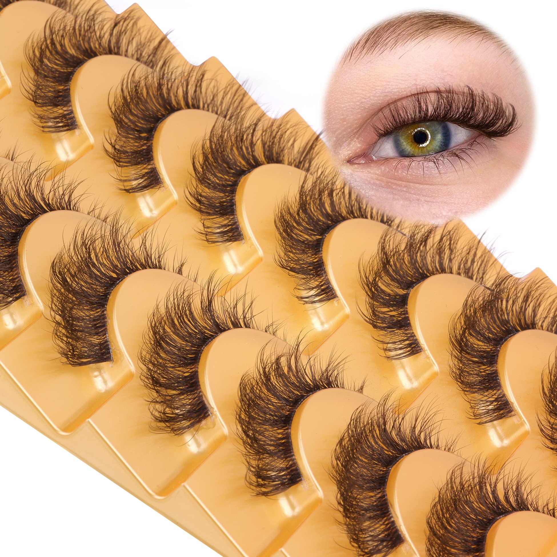 Mavphnee Brown False Eyelashes - Cat Eye Natural Look, D Curl Wispy Lashes with Clear Band, Fluffy Faux Mink Eyelashes Extension (Pack of 5) - Perfect for Daily Wear, Parties, Weddings & Special Occasions