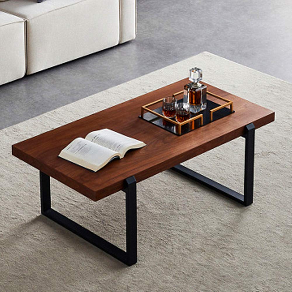 Minimalist Black Metal Frame Walnut Coffee Table - Modern Living Room Furniture for Small Spaces, Home Decor & Office Use