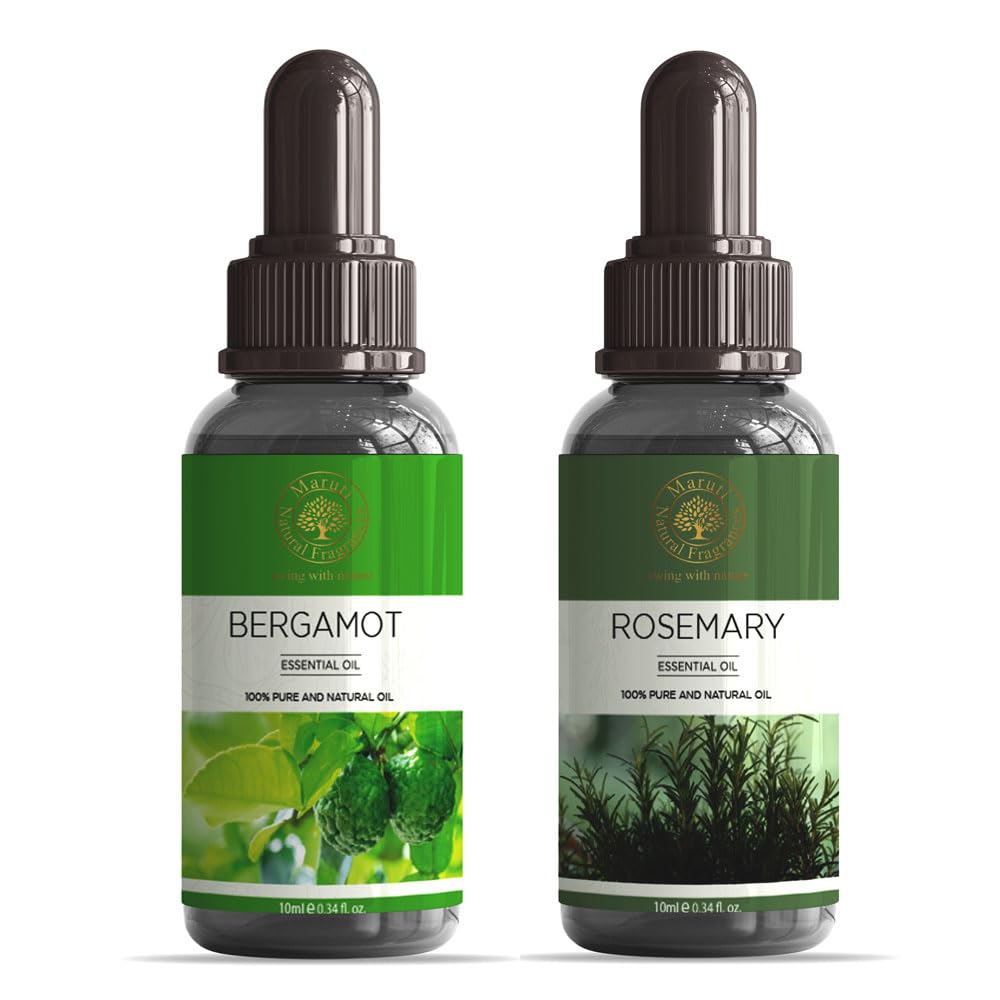 MARUTI 100% Pure Rosemary & Bergamot Essential Oil Set - 10ml Each | Undiluted, Natural, Cruelty-Free Aromatherapy Oils for Diffusers, Skin Care, Meditation & Stress Relief | Perfect for Home Spa, Yoga & Relaxation
