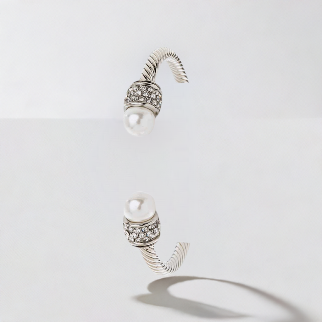 Elegant Silver Cable Twisted Cuff Bracelet with CZ Pearls - Adjustable M H W Sizes for Women | Perfect for Parties, Weddings & Special Occasions