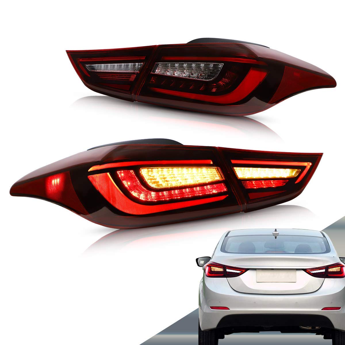 VLAND LED Tail Lights for Hyundai Elantra Sedan 2012-2016 & Coupe 2013-2014 - Amber Sequential Turn Signal, Red & Clear Rear Lamp Assembly (Pair) - Perfect for Night Driving and Enhanced Safety