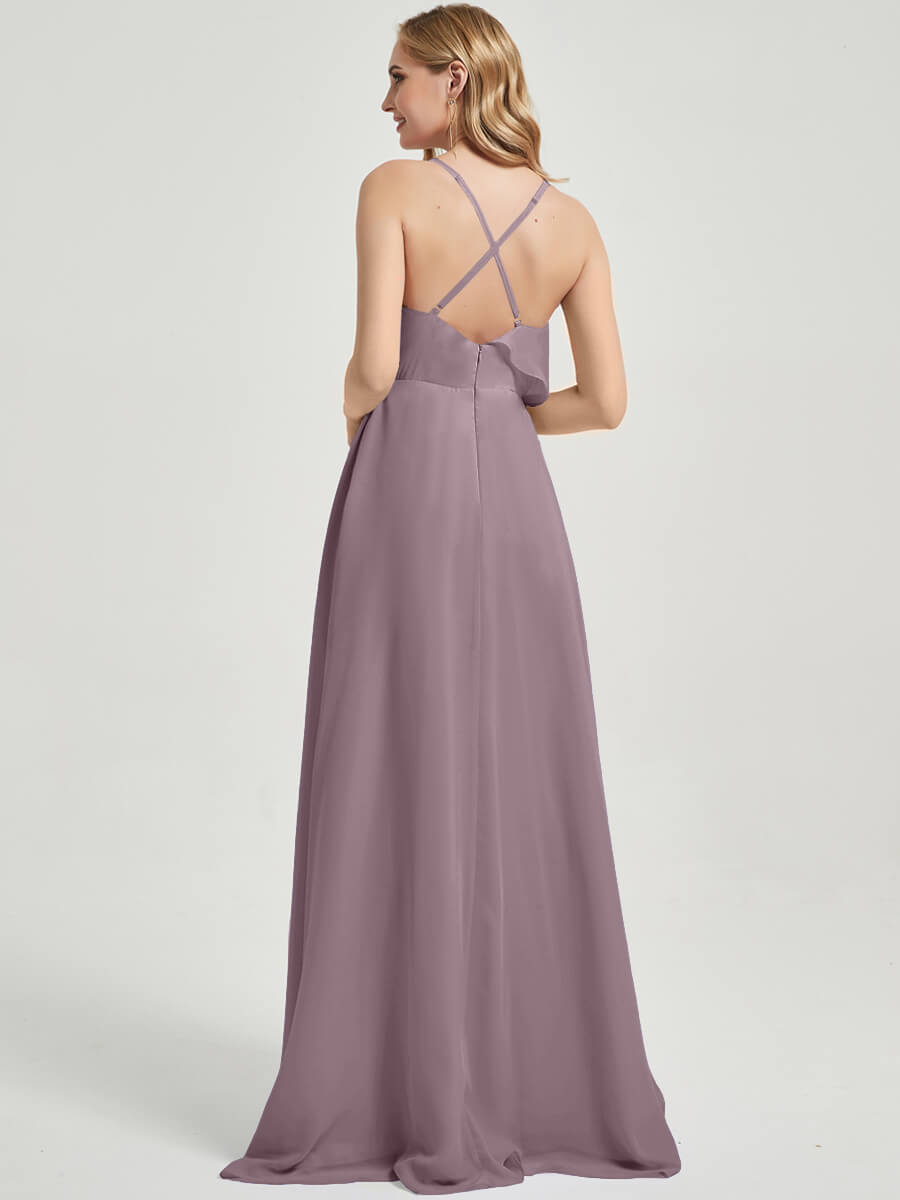 Elegant Criss Cross Straps Ruffled Slit Chiffon Maxi Bridesmaid Dress for Weddings, Prom & Formal Events - Plus Size Available