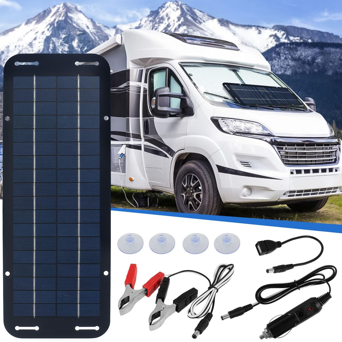 12V Solar Panel Kit - Waterproof Polycrystalline Solar Car Battery Trickle Charger & Maintainer with Battery Clips & Suction Cups - Portable Solar Powered Charger for Car, RV, Boat - Ideal for Outdoor Camping, Road Trips & Emergency Power Backup