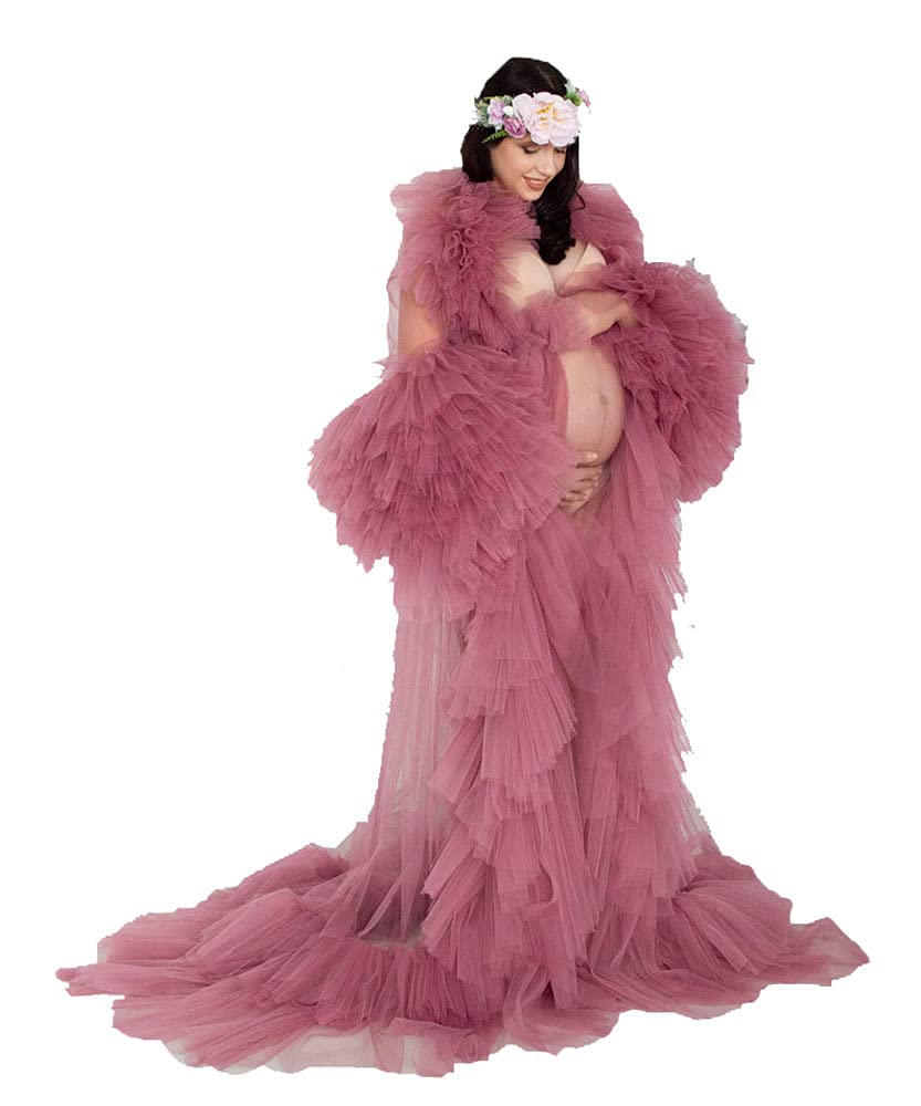 Elegant Women's Ruffle Pleated Tulle Maxi Dress for Maternity, Boudoir Photography & Formal Occasions - Perfect for Weddings, Parties & Special Events