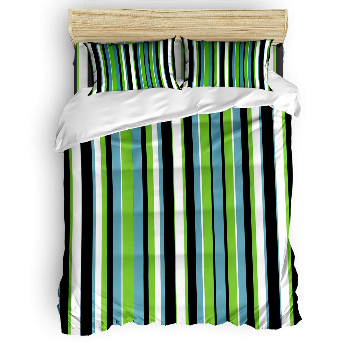 **Yogaly 4-Piece Full Size Bedding Set - Blue, Green & White Stripe Printed Bed Sheets, Duvet Cover, Flat Sheet & Pillowcases for Adults, Teens, Kids & Baby | Soft & Breathable Cotton | Perfect for Bedroom, Guest Room & Dorm Decor**