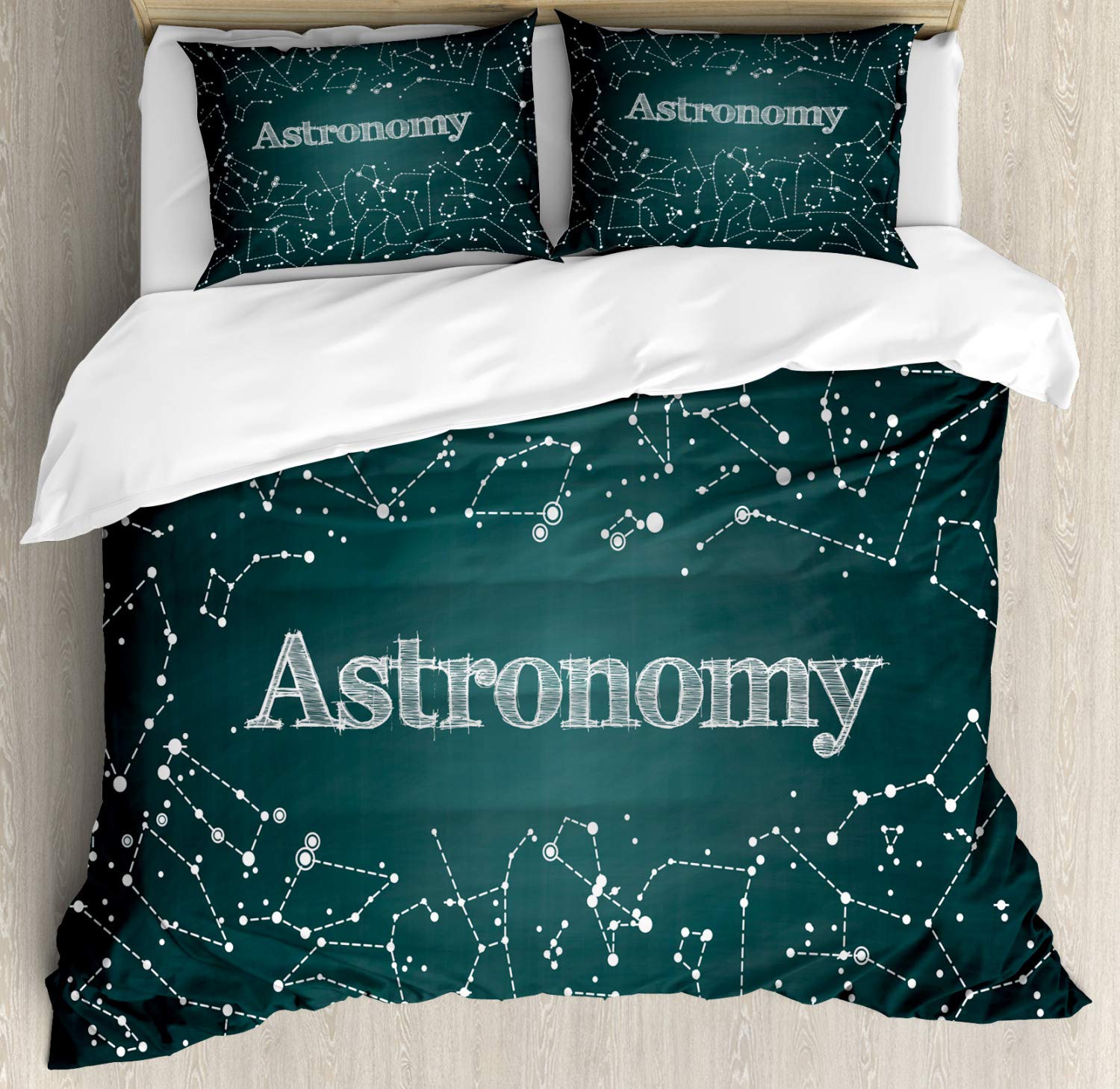 Ambesonne Constellation Duvet Cover Set - Astronomy Starry Sky Design with Chalkboard Style Star Clusters - 2 Pack King Size Bedding Set Includes 2 Duvet Covers & 4 Pillowcases in Green & White - Perfect for Astronomy Lovers, Science Themed Bedrooms & Celestial Decor