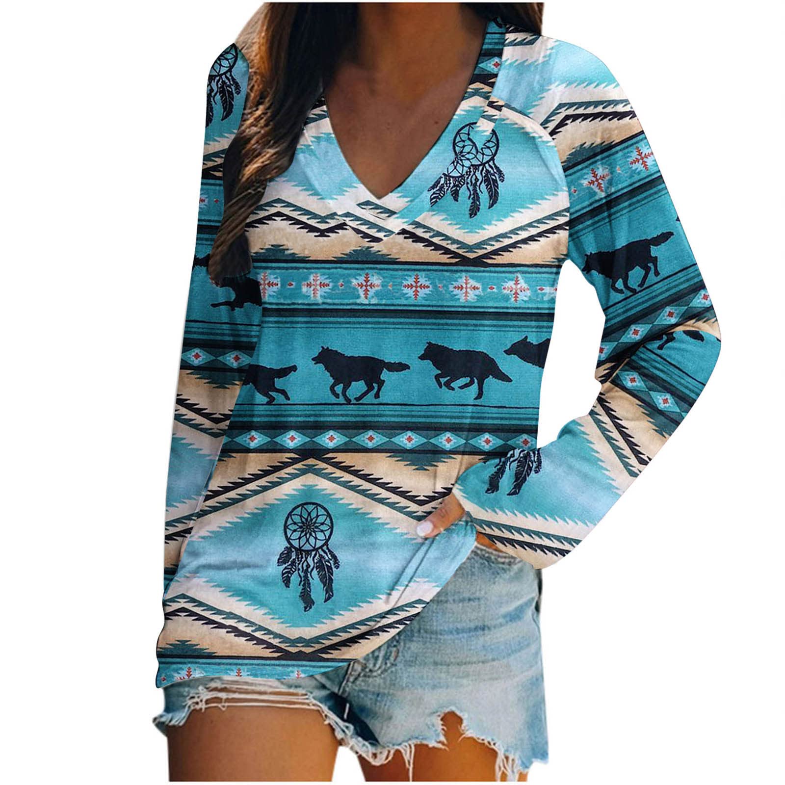 2022 Women's Long Sleeve T-Shirts - Retro Ethnic Style Printed V-Neck Tops, Casual Loose Fit Comfortable Blouse for Lounge Wear, Daily Outfits & Fall Fashion