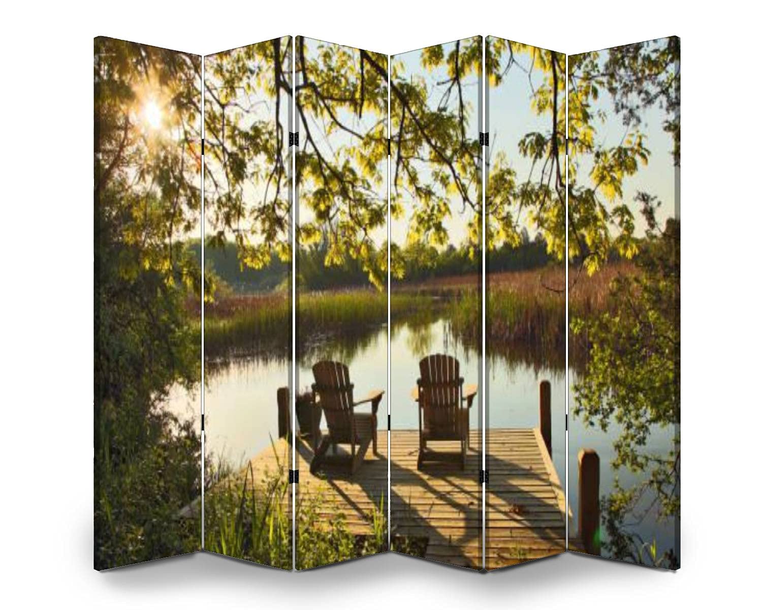 6-Panel Folding Room Divider Screen - Tranquil Lake Scene with Adirondack Chairs | Freestanding Privacy Partition for Indoor & Outdoor Use | Perfect for Home Office, Bedroom Separation, and Patio Privacy