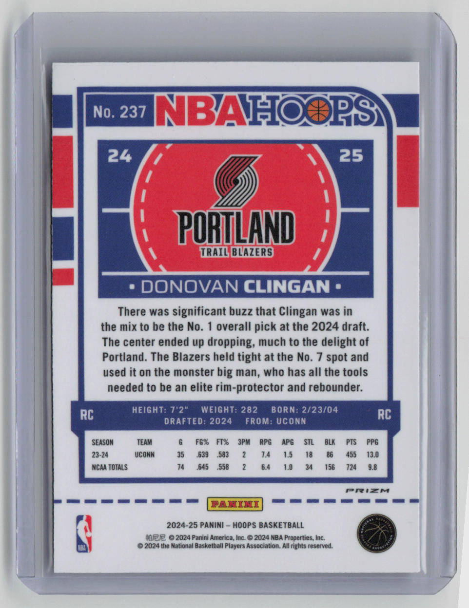 2024 Panini Hoops Donovan Clingan Rookie Card Green #237 - Perfect for Basketball Card Collectors & Sports Memorabilia Enthusiasts
