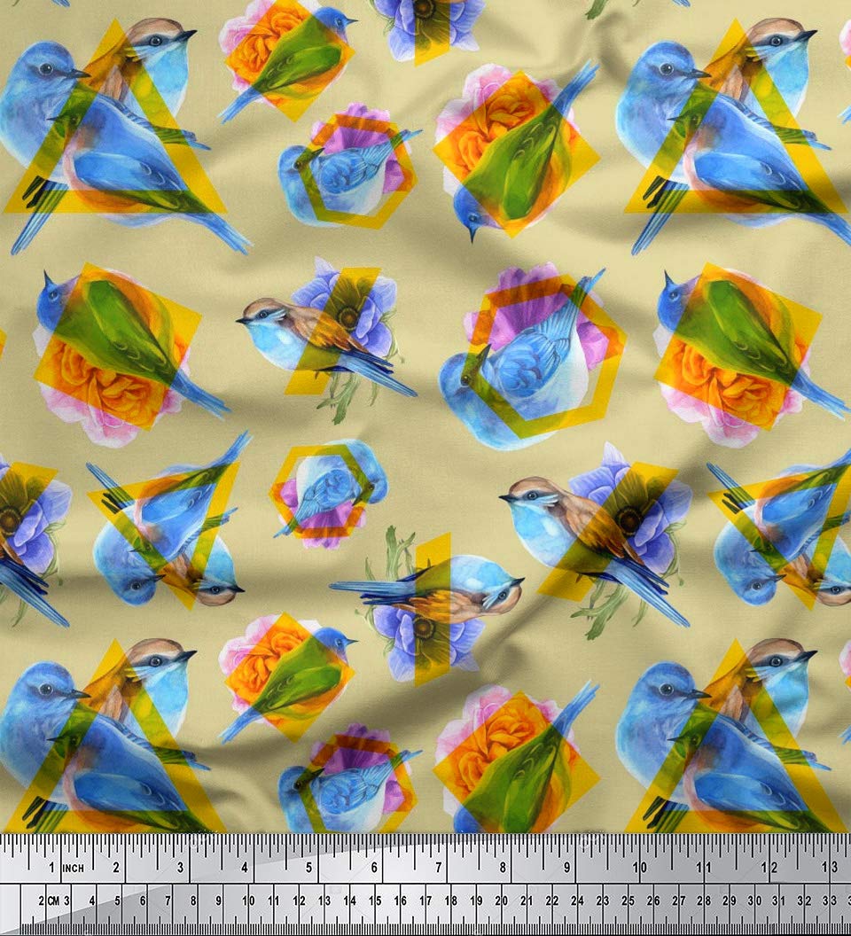 Soimoi Silk Beige Fabric by The Yard - 42 Inch Wide Geometric & Rollers Bird Print - Modern Playful Rollers Printed Silk Fabric for DIY Dresses, Curtains & Home Decor Projects