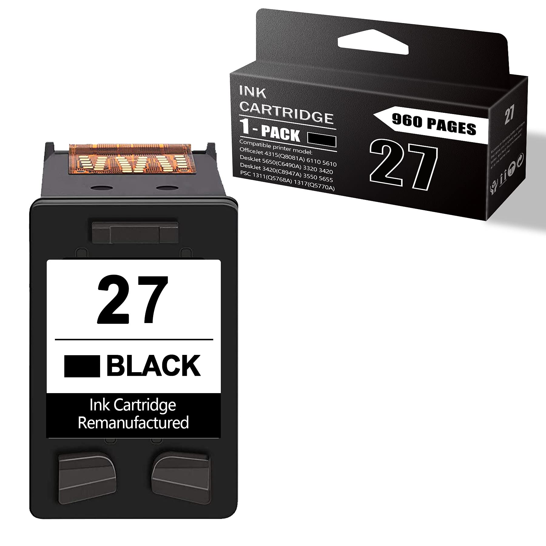 1 Pack Black Remanufactured 27 | C8727AN Ink Cartridge - Compatible with HP OfficeJet 4315, 6110, 5610, 5605 & DeskJet 5650, 3320, 3420, 3550, 5655, 3745, 3645, 3845, 3322 Printers - High-Quality Replacement Ink for Home & Office Printing
