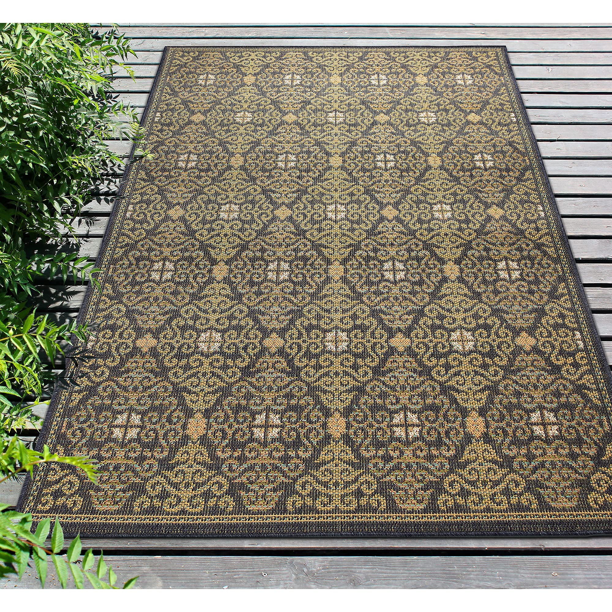 Liora Manne Patio Low Profile Easy Care Weather Resistant Indoor/Outdoor Rug - Geometric Suzani Diamonds Navy 6'6