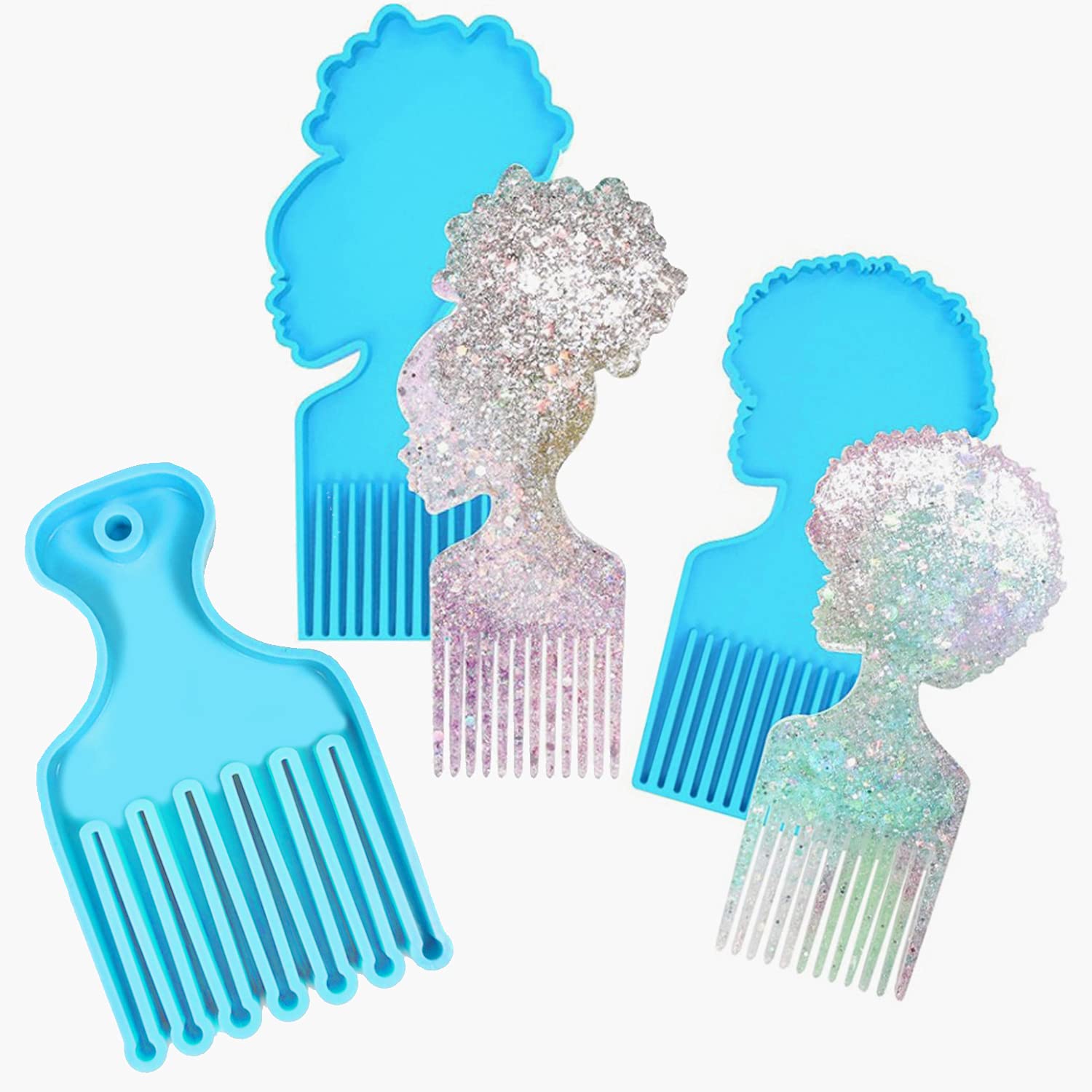3PCS Afro Female Hair Pick Comb Resin Molds for DIY Epoxy Casting - Large Beauty Silicone Molds for Resin Crafts, Hair Styling & Head Accessories (Blue, A239) - Perfect for DIY Jewelry Making, Hair Salon Tools & Unique Gift Ideas