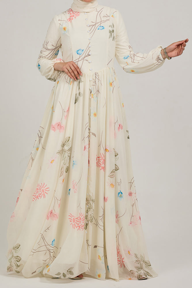 Ethereal Enchanting Blossom Chiffon Maxi Dress with Long Sleeves - Elegant Floral Print Women's Party Gown for Weddings, Evening Events & Special Occasions