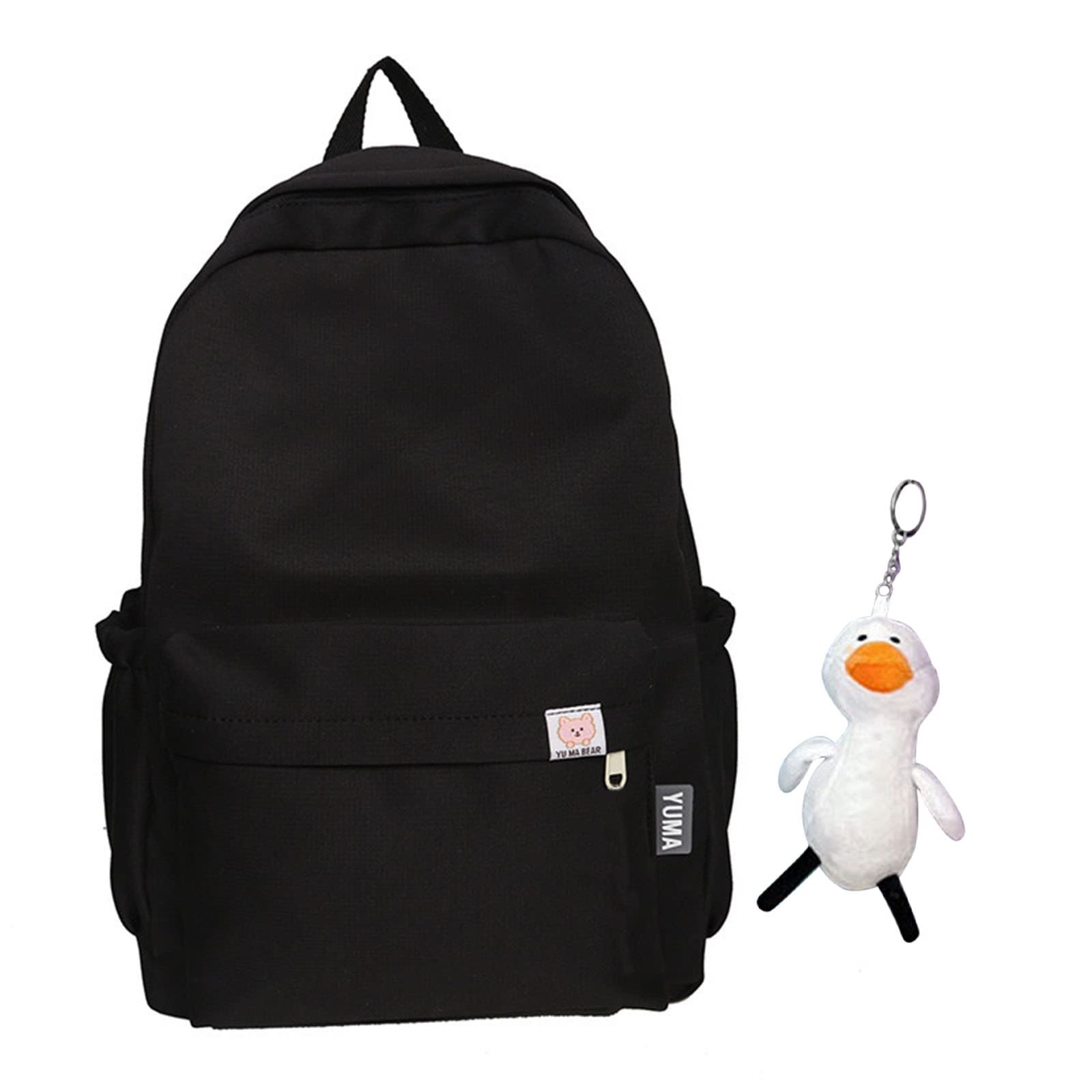 Cute Kawaii Backpack with Plush Duck Pendant - School Bookbag for Teen Girls (Black) - Perfect for School & Travel