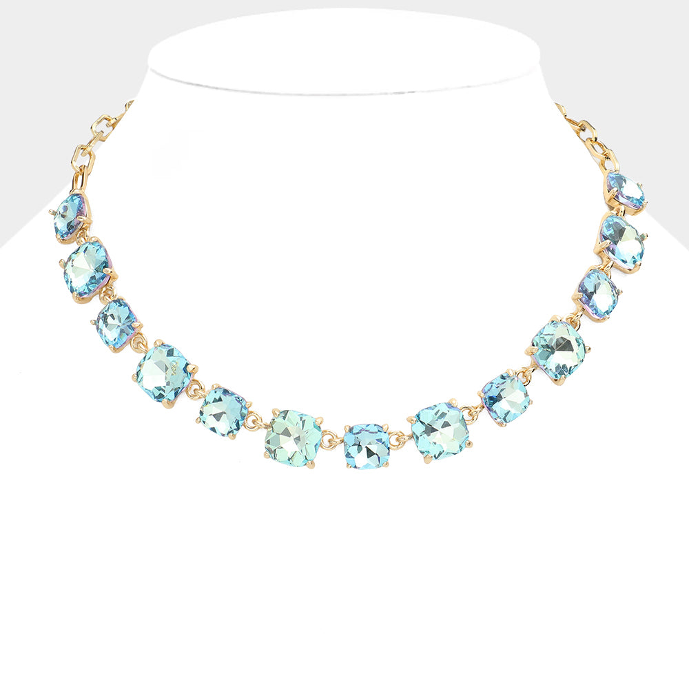 Aqua AB Cushion Square Stone Ling Pageant Necklace | Elegant Prom Jewelry for Women | Perfect for Pageants, Proms, and Formal Events