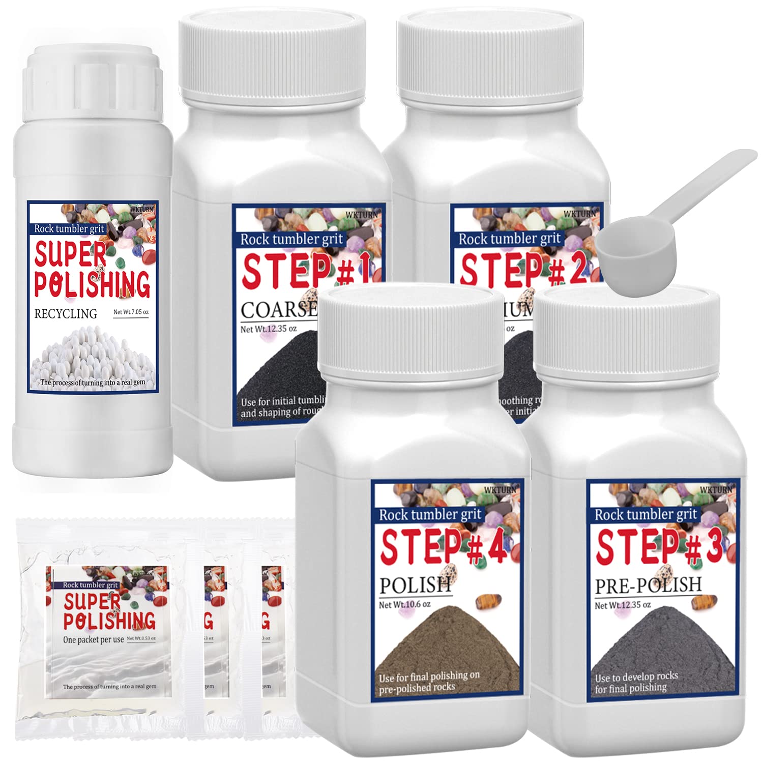 Premium Rock Tumbler Grit Kit - 4-Step Polishing Media with Bonus Polishing Beads & Brightener | Universal Refill for All Rock Tumbler Brands | Perfect for Gemstone Polishing, Jewelry Making & DIY Craft Projects