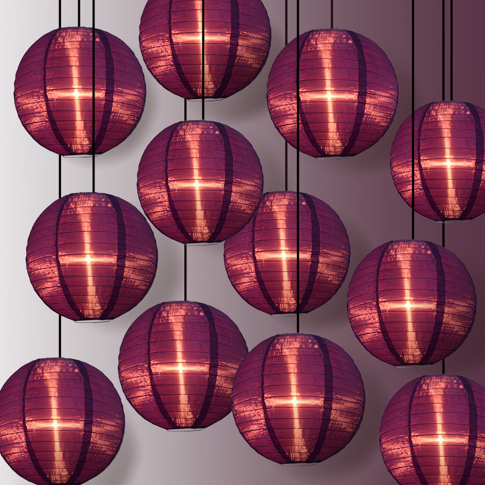 12 Pack Dark Purple Shimmering Nylon Lanterns - Even Ribbing, Durable Hanging Decorations for Weddings, Parties & Outdoor Events