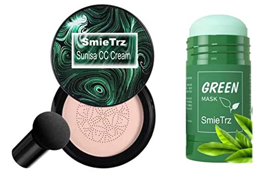 SMIETRZ Sunisa 3-in-1 CC Cream, BB Cream & Waterproof Foundation with Air Cushion Sponge & Green Tea Face Mask Combo - Perfect for Daily Makeup, Travel & On-the-Go Touch Ups