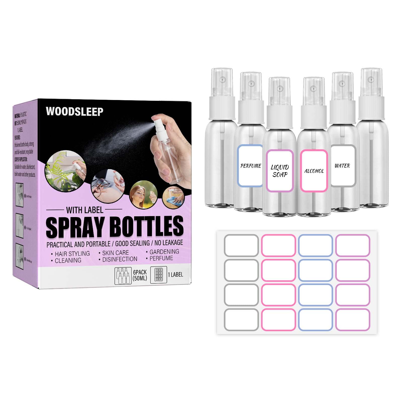 6 Pack Clear Empty Mini Spray Bottles (2oz/55ml) - Fine Mist Refillable Travel Size Plastic Bottles for Essential Oils, Perfumes, Hair Care & Skincare - Perfect for Travel, Gym & Home Use