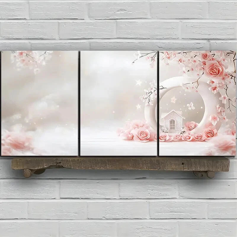 3Pcs Pink Roses Metal Wall Art - Ready to Hang Winter Snow House Decor for Living Room, Bedroom & Office - Perfect for Home, Gift & Holiday Decorations