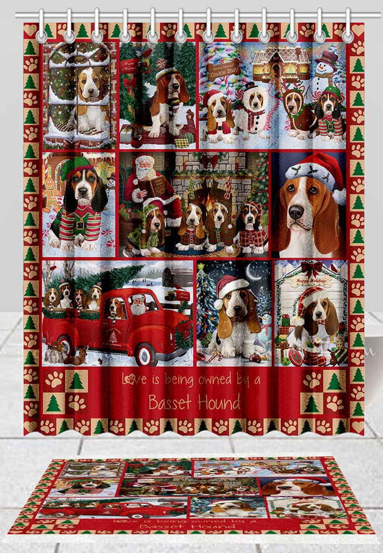 Christmas Basset Hound Dog Shower Curtain & Bath Mat Set - Anti-Slip Polyester Bathroom Decor with Hooks (Mat 20