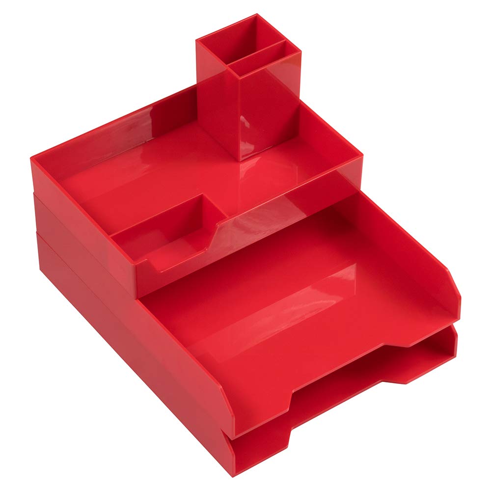 Stackable Desktop Trays Set - 1 Top Tray, 2 Letter Trays & Pen Holder - for Office Organization