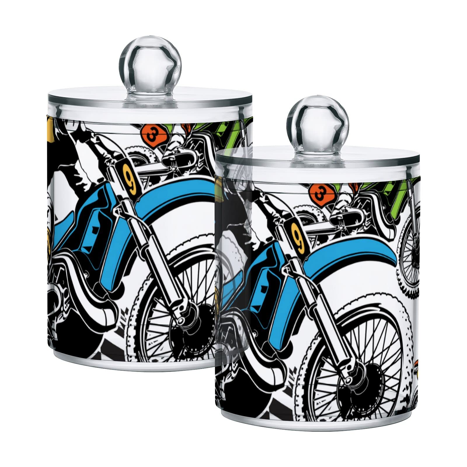 Classic Motocross Themed Plastic Storage Jars with Lids - Set of 2 (10oz Translucent Food Containers) for Cotton Swabs, Tea, Cookies & Dry Goods | Black & White Checker Design with Green, Orange & Blue Racers | Perfect for Kitchen Organization, Bathroom Storage & Pantry Canning
