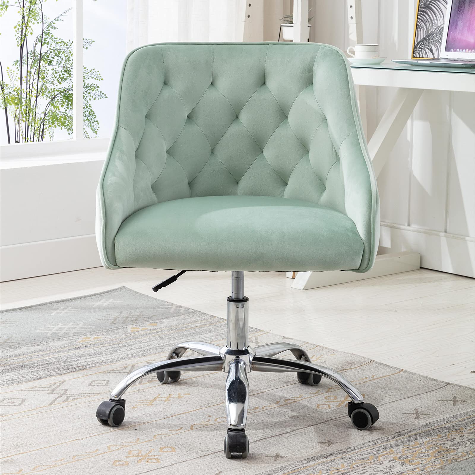 Modern Velvet Swivel Desk Chair with Wheels - Elegant Tufted Back Upholstered Office Chair for Women & Girls, Home Computer Task Chair (Mint Green) | Perfect for Home Office, Study Room & Vanity Area