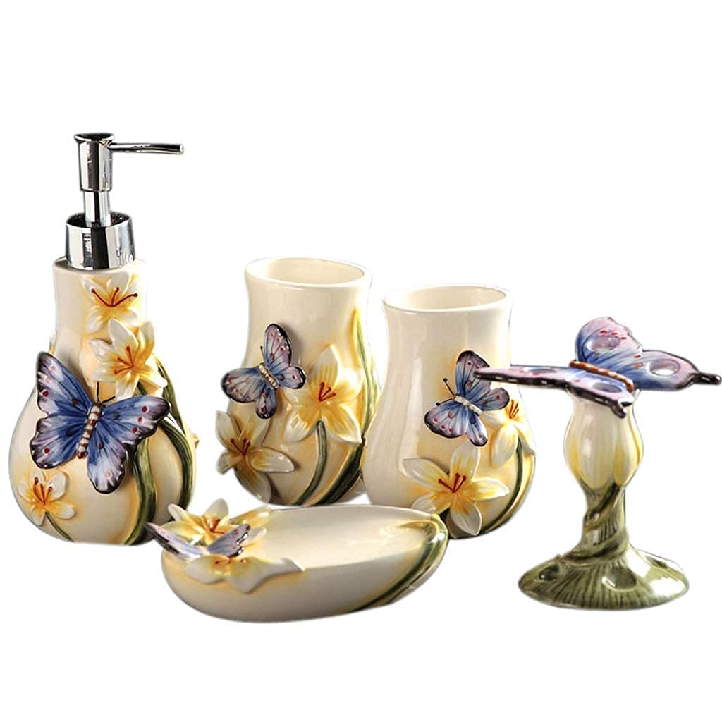 AWJ 5-Piece Ceramic Bathroom Accessories Set - Butterfly Flower Soap Dispenser & Toothbrush Holder - Modern Vanity Organizer for Bath, Sink Countertop Decor - Perfect for Home, Hotel, Spa Decorations