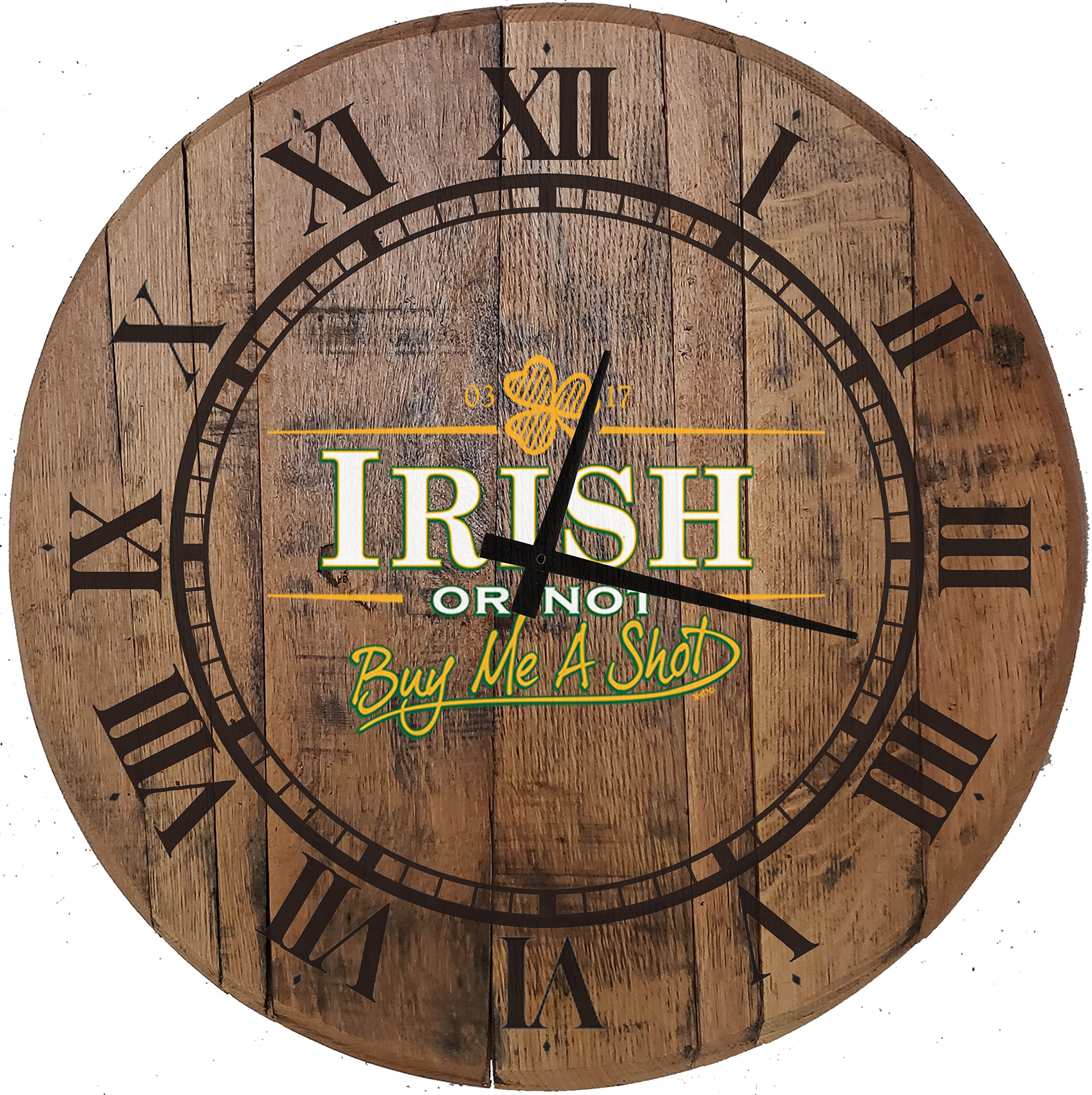 EVH Prints Wood Wall Clock - Irish Pub Decor, Buy Me a Shot Design, Three Leaf Clover Whiskey Barrel Head Wall Art (22 Inches) - Perfect for Home Bar, Man Cave, or St. Patrick's Day Party Decor