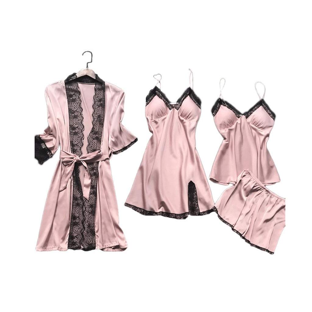 ACQUIRE Women's Satin Pajama Set - 4 Piece Silk Sleepwear with Lace Trim & Chest Pads - Comfortable Nightwear for Lounge & Sleep (Large Size) | Perfect for Relaxing at Home, Gift Giving & Special Occasions