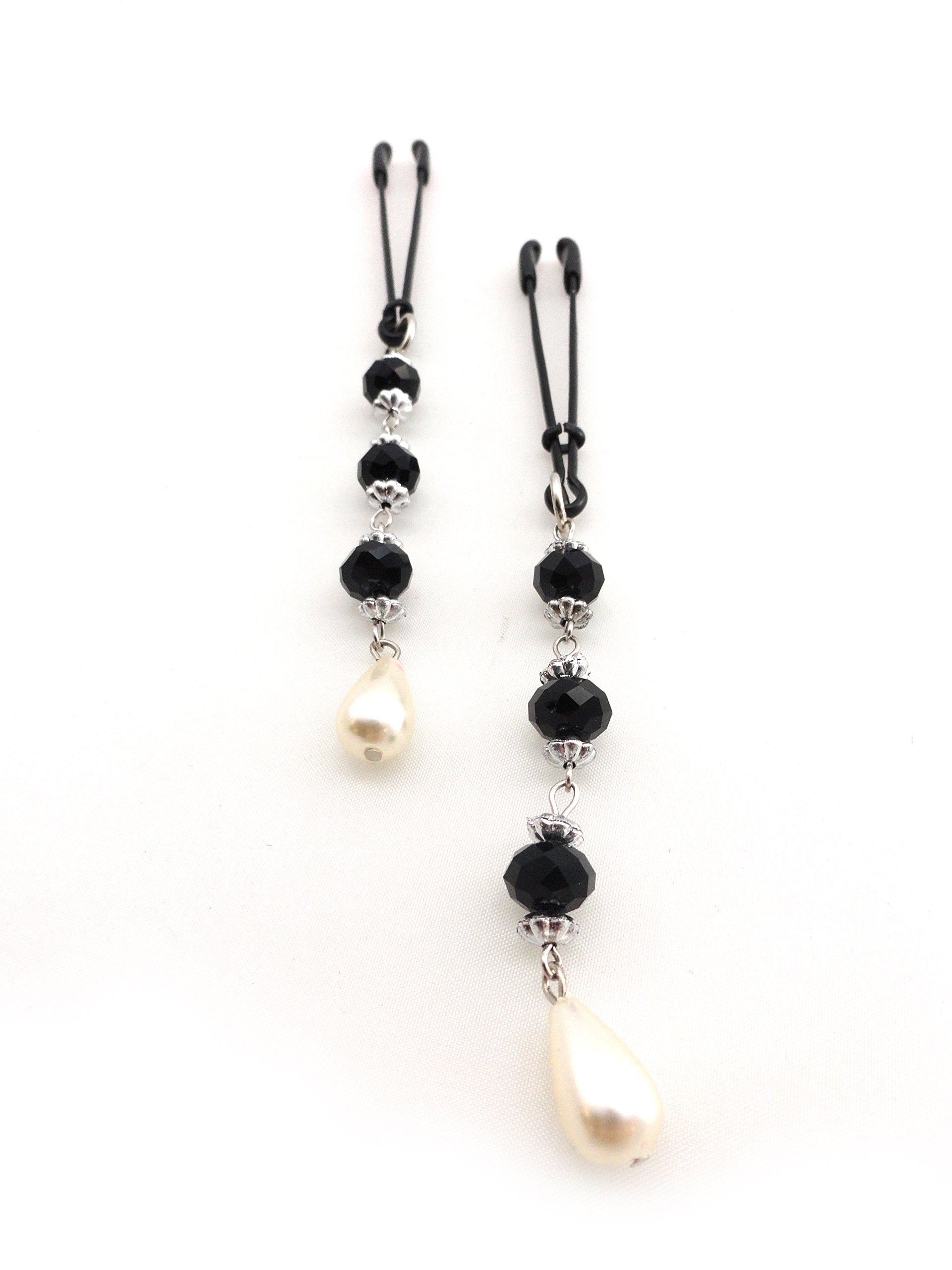 Black Beaded Nipple Clamp Tweezer with Pearl Drop - Sensual BDSM Accessory for Couples Play & Adult Intimacy